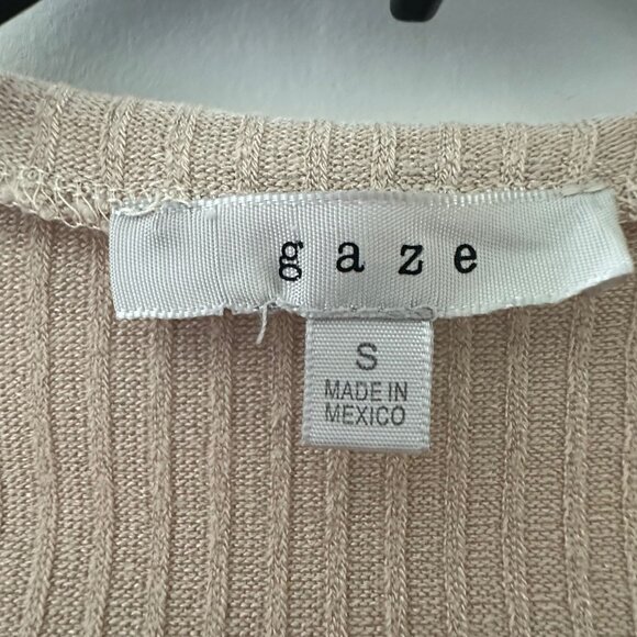 Ribbed Beige Tie-Front Crop Top With Ruffle Trim By Gaze Short Sleeve Size S - Picture 3 of 5